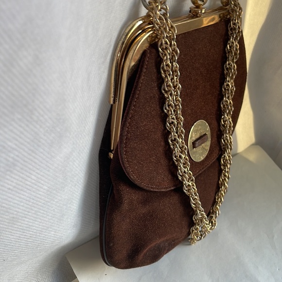Chic Vintage purse By Triangle NY brown suede gold tone - mod look - Picture 14 of 16